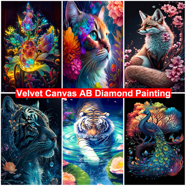 Velvet Canvas AB Diamond Painting Tiger Fox Peacock DIY 5D Diamond Mosaic  Embroidery Animal Picture Cross